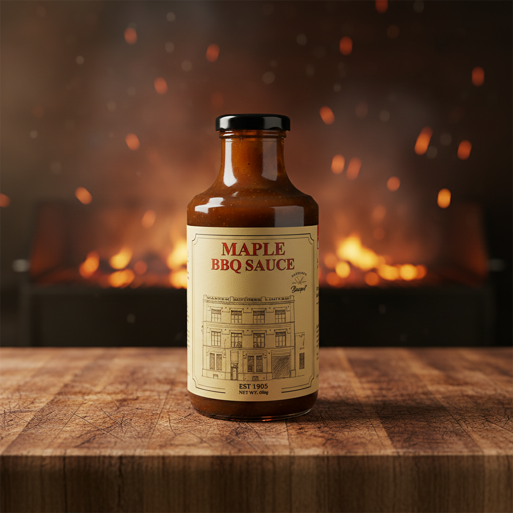Bottle of Maple BBQ Sauce on a wooden cutting board and charcoal bbq burning in the background.