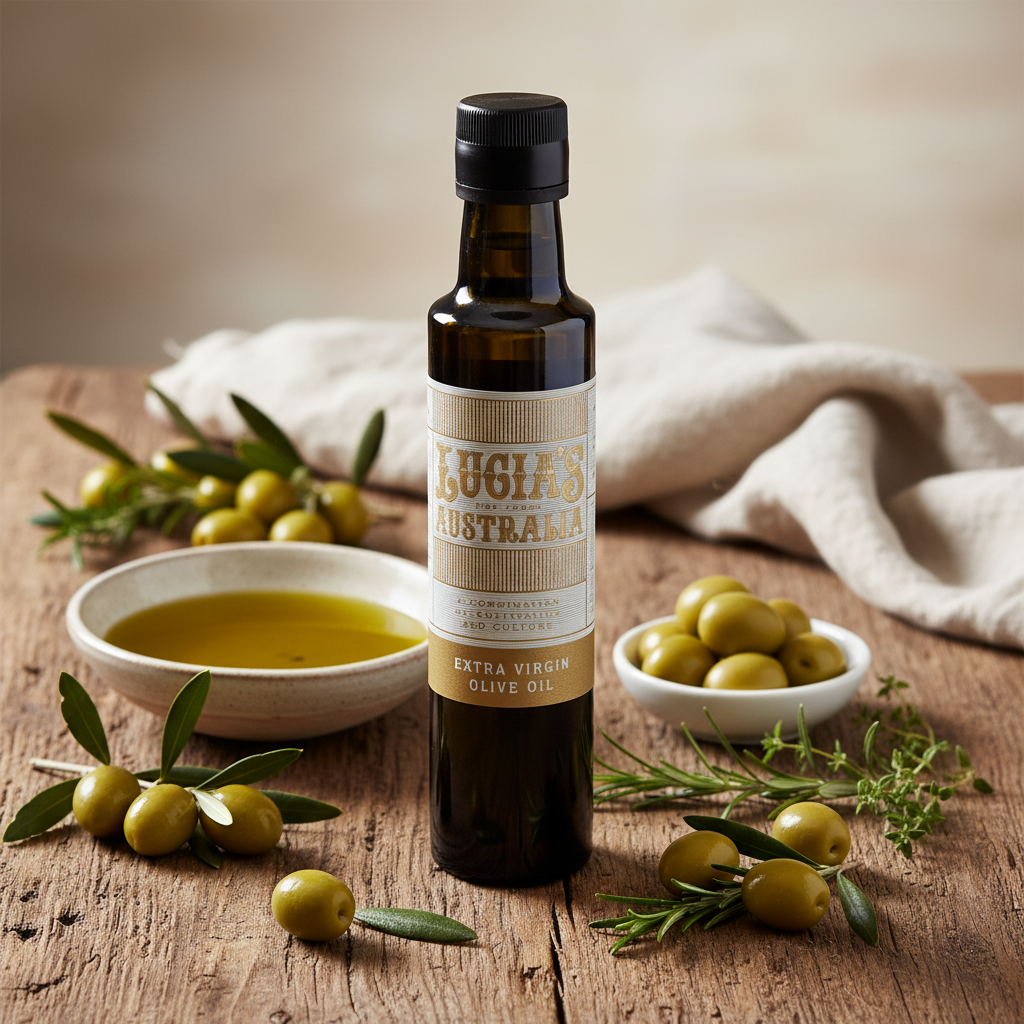 A bottle of LUCIA'S AUSTRALIA Extra Virgin Olive Oil with a black cap and a label that includes the brand name and product type.