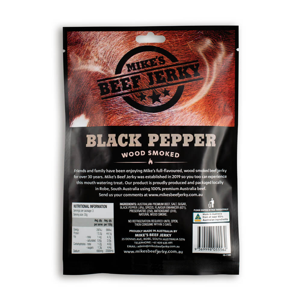 Mike's Beef Jerky Black Pepper Flavour Packet Back 90g