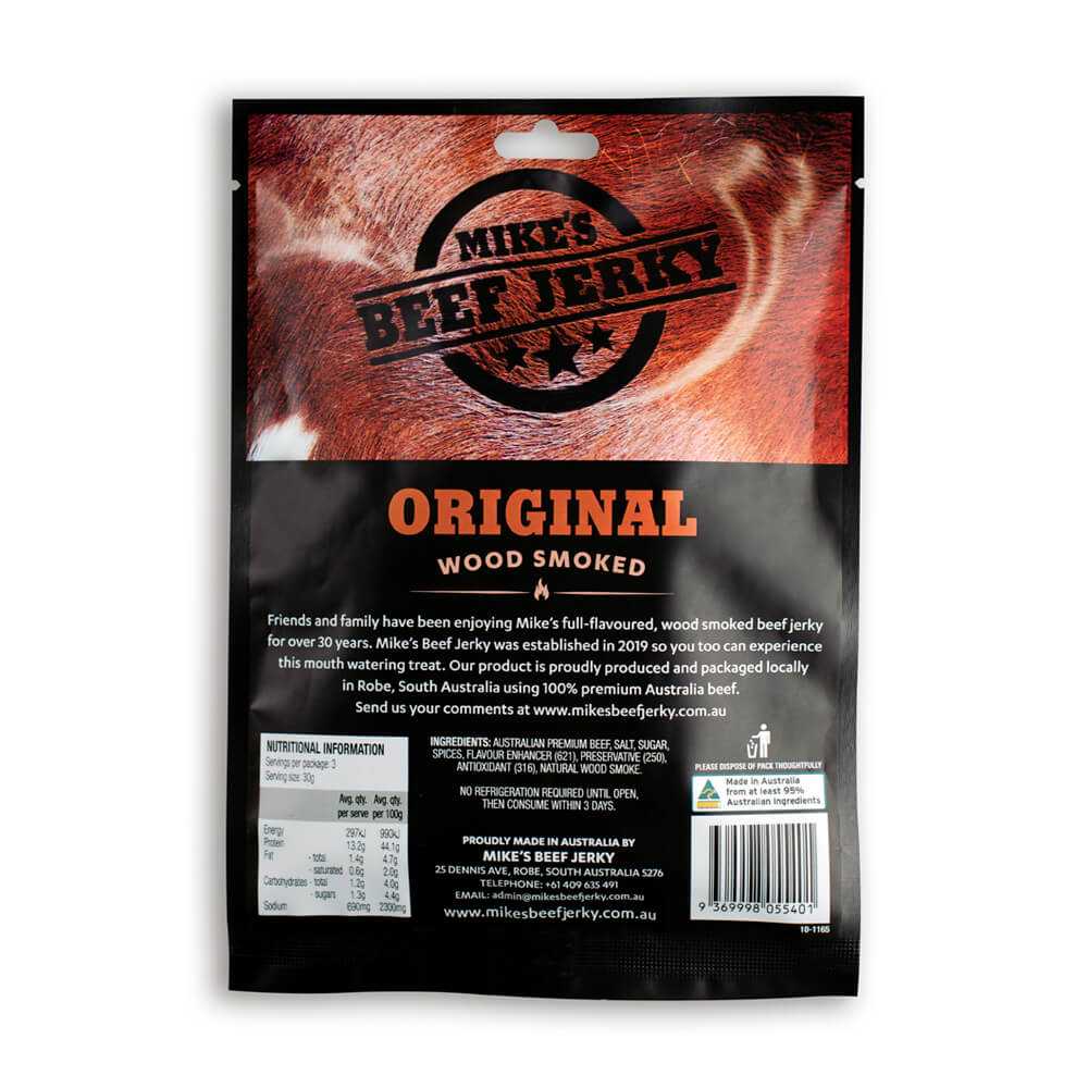 Mike's Beef Jerky Original Flavour Packet Back 90g