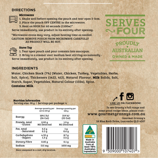 Back of a food packaging with text, ingredients, and nutritional information on a brown background.