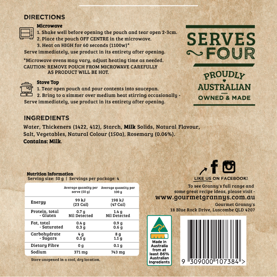 Back of a product packaging with text, icons, and nutritional information on a brown background.
