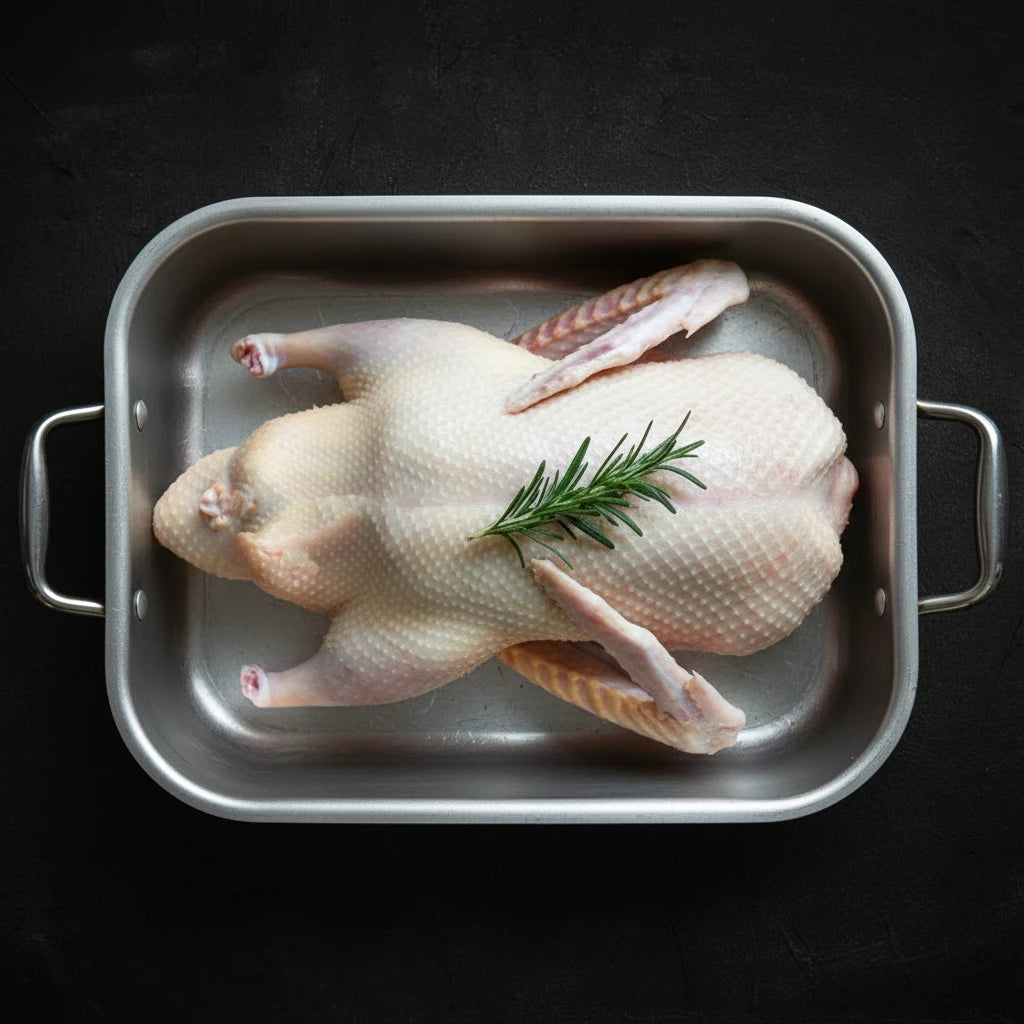 Raw whole duck in a roasting pan with a sprig of rosemary against a dark background