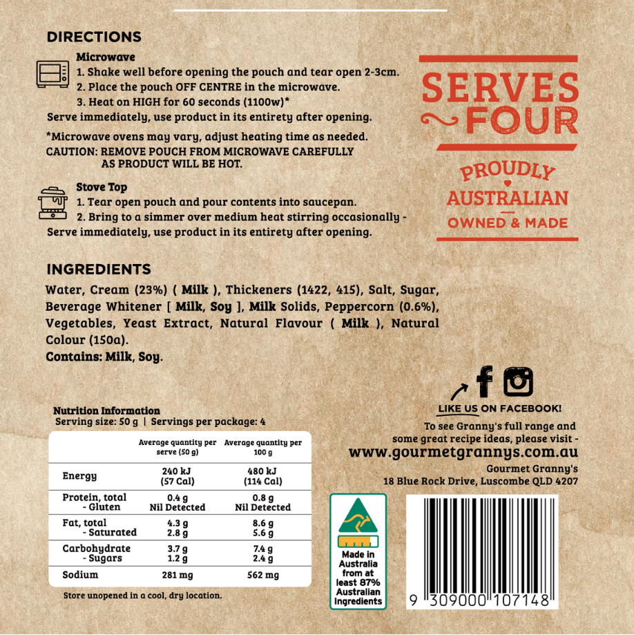 Back of a food packaging with text, nutritional information, and branding details.