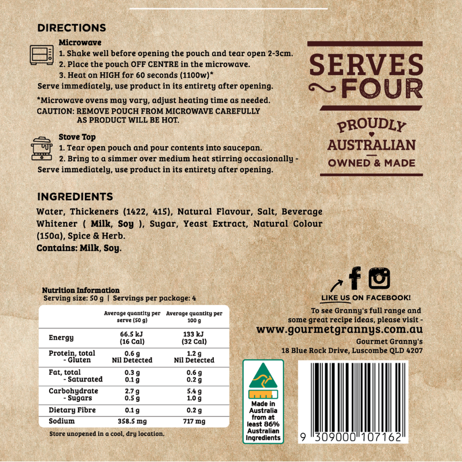 Back of a product packaging with text, nutritional information, and branding details.