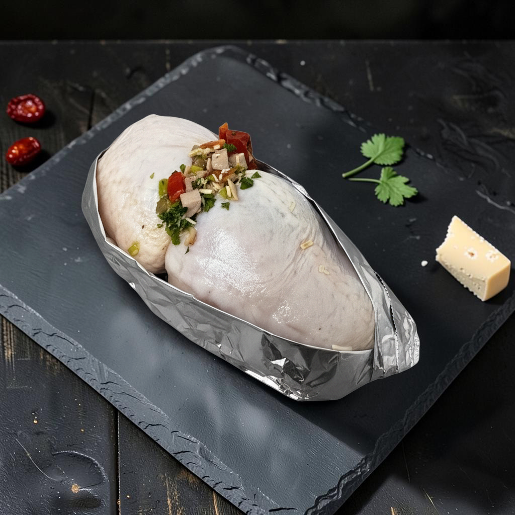 Windsor Meats Mediterranean roast free range chicken breast topped with herbs and vegetables in a foil tray