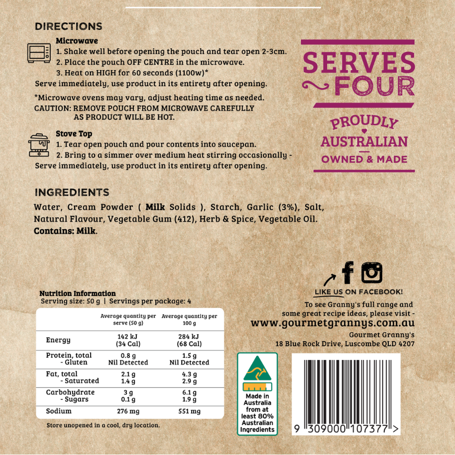 Back of a food packaging with text, labels, and nutritional information on a brown background.