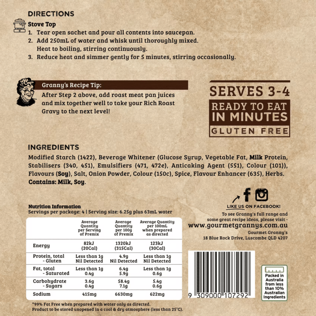 Back of a product packaging with text, directions, and nutritional information on a brown background.