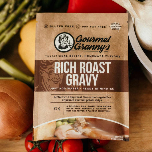 Gourmet Granny Rich Roast Gravy packet with vegetables in the background