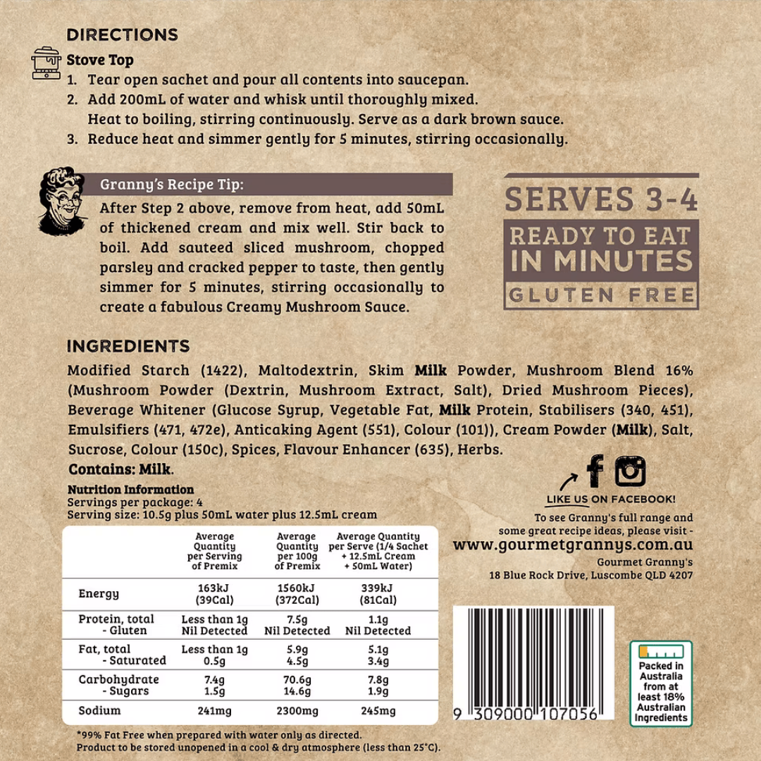 Back of a product packaging with text, directions, and ingredients on a brown background.