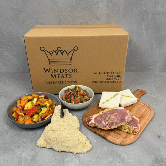 Windsor Meats packaging with food items on a gray surface