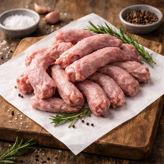 Raw Chicken Necks on a wooden cutting board with herbs and spices.
