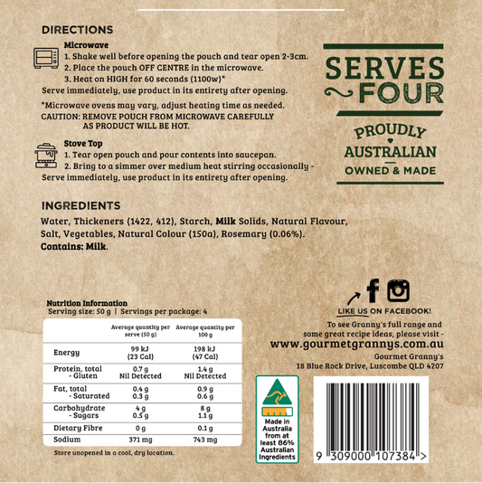 Back of a product packaging with text, icons, and nutritional information on a brown background.