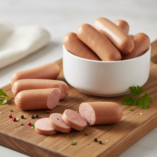 White bowl filled with Fritz Sausages on a wooden chopping board