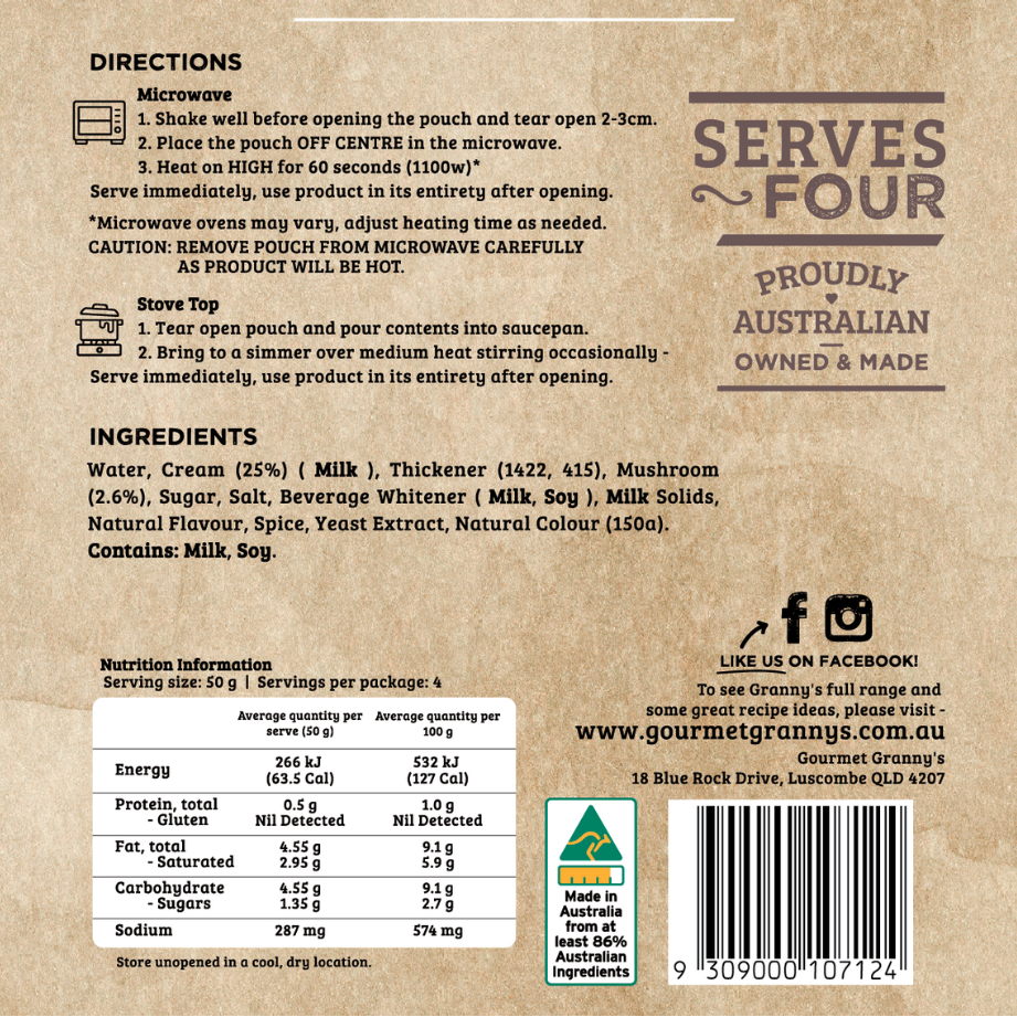 Back of a food packaging with text about gluten-free, preservative-free, and quality ingredients.