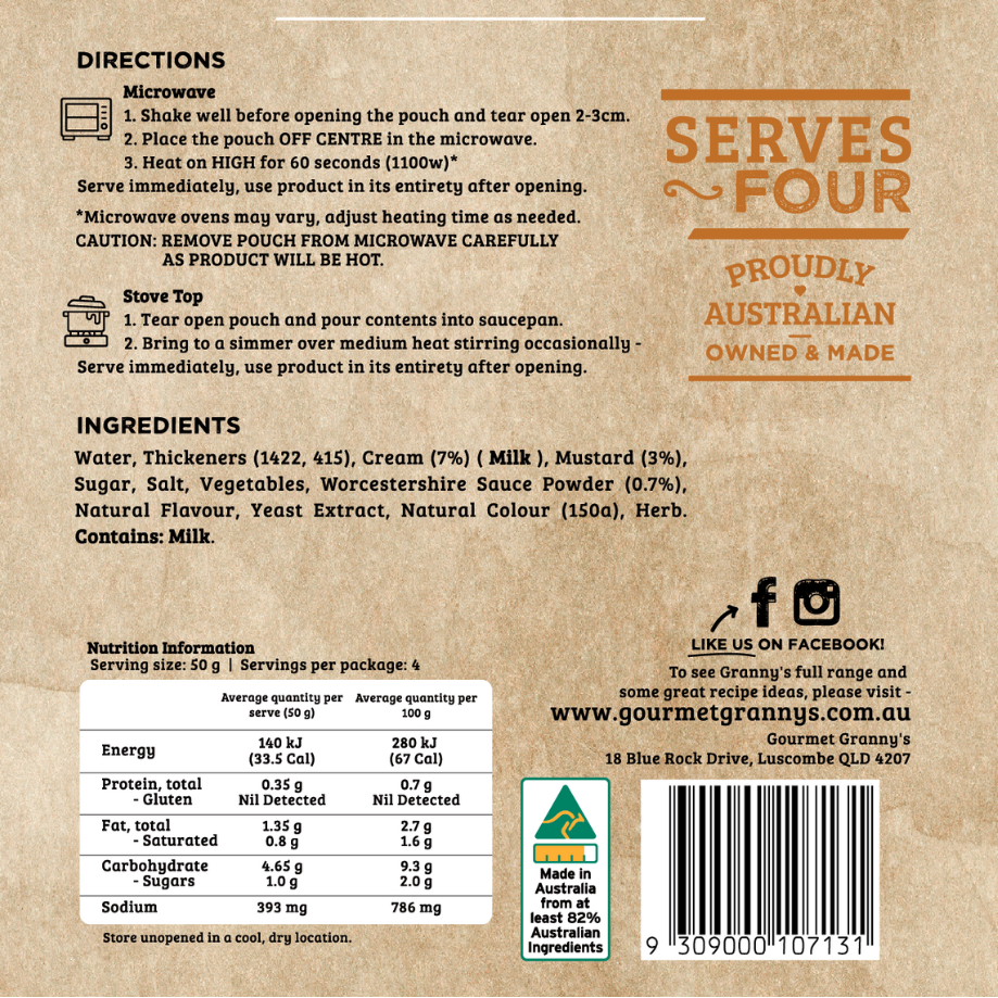 Back of a food packaging with text, ingredients, and nutritional information on a brown background.