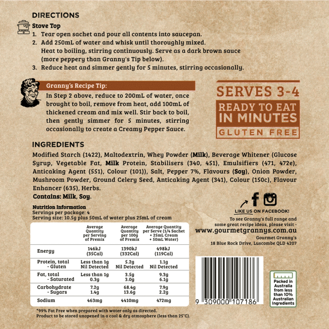 Back of a product packaging with text, directions, and ingredients on a brown background