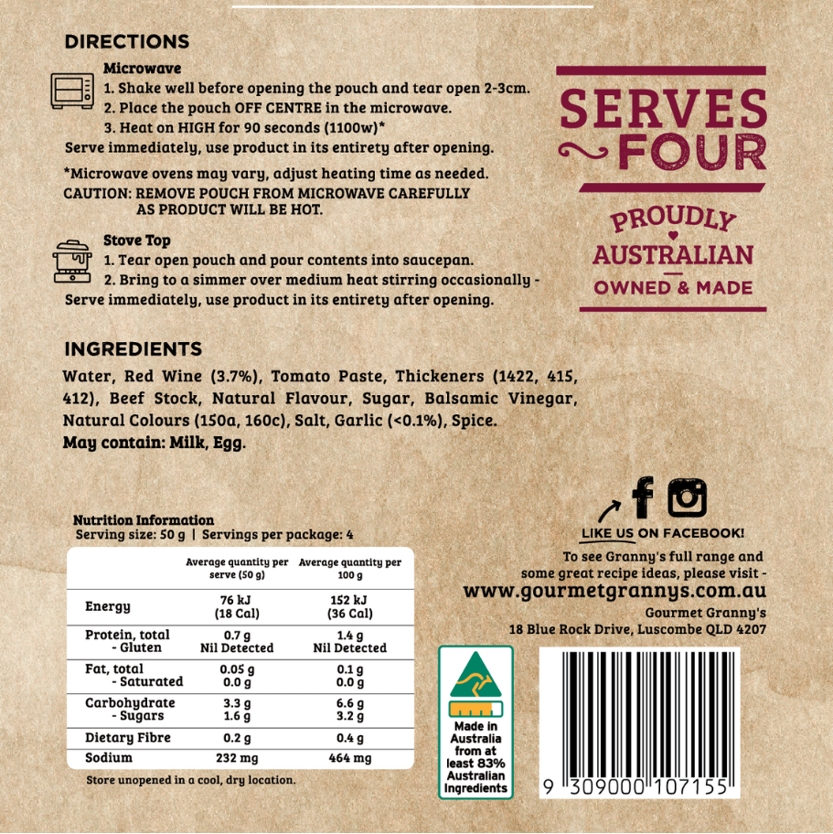 Back of a food packaging with text, nutritional information, and branding details.